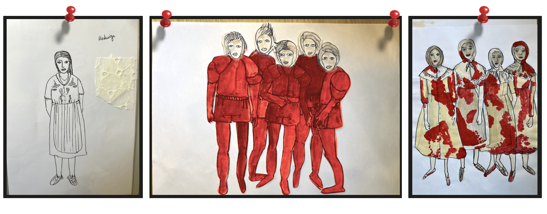 Sketches of Hedwige's costume, Austrian soldiers and the pollution of the Swiss native dress (left to right) Sketches of Hedwige's costume, Austrian soldiers and the pollution of the Swiss native dress (left to right)