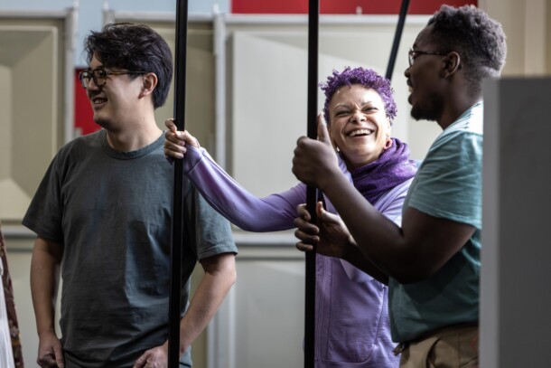 Countertenor Meili Li, Soprano Rachel Richmond and Baritone Chuma Sijeqa in rehearsals for L'Olimpiade