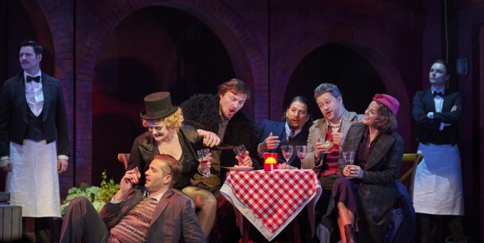 Iurii Samoilov Marcello Sarah Brady Musetta Lukas Jakobski Colline Gyula Nagy Schaunard Merūnas Vitulskis Rodolfo and Celine Byrne Mimì in INOs production of La bohème 2023 photo Ros Kavanagh