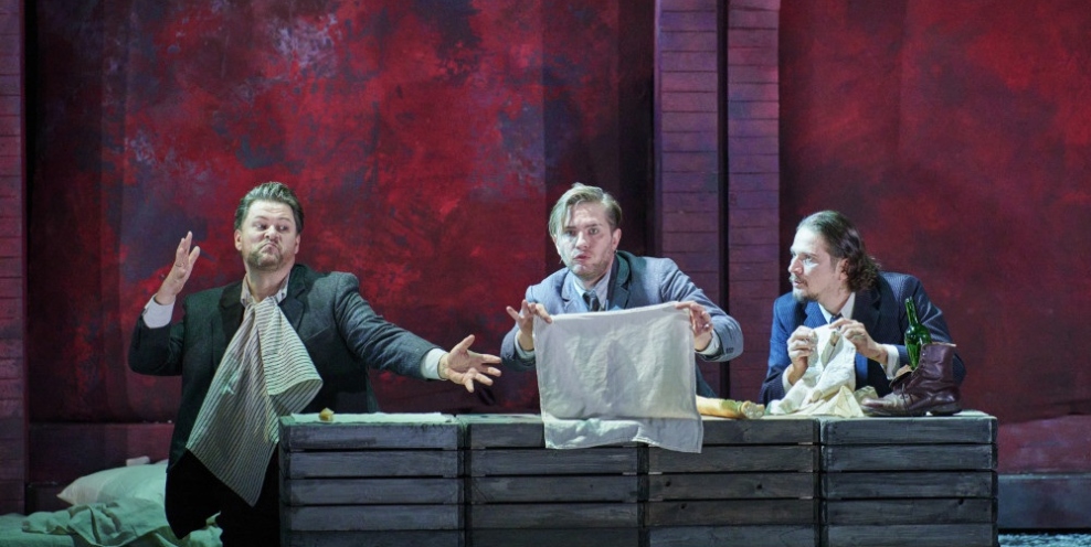 Merūnas Vitulskis Rodolfo Iurii Samoilov Marcello Gyula Nagy Schaunard in INOs production of La bohème 2023 photo Ros Kavanagh